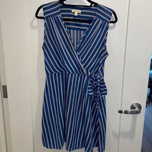 Blue Striped Faux Wrap Dress, M